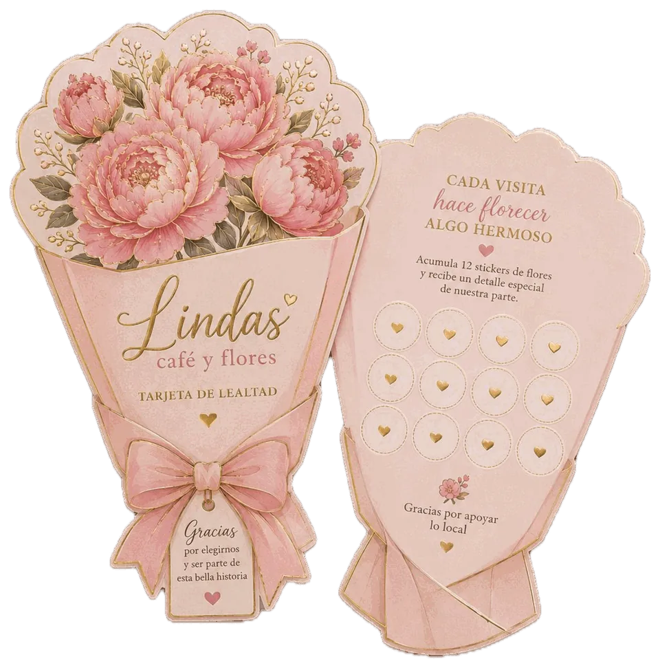 Las dos caras de la tarjeta de lealtad de Lindas, troquelada con forma de ramo de peonías rosas y moño. El frente dice “Lindas café y flores · Tarjeta de lealtad” con una etiqueta colgante: “Gracias por elegirnos y ser parte de esta bella historia”. El reverso dice “Cada visita hace florecer algo hermoso” y tiene doce círculos dorados para pegar los stickers, con la frase “Gracias por apoyar lo local”.